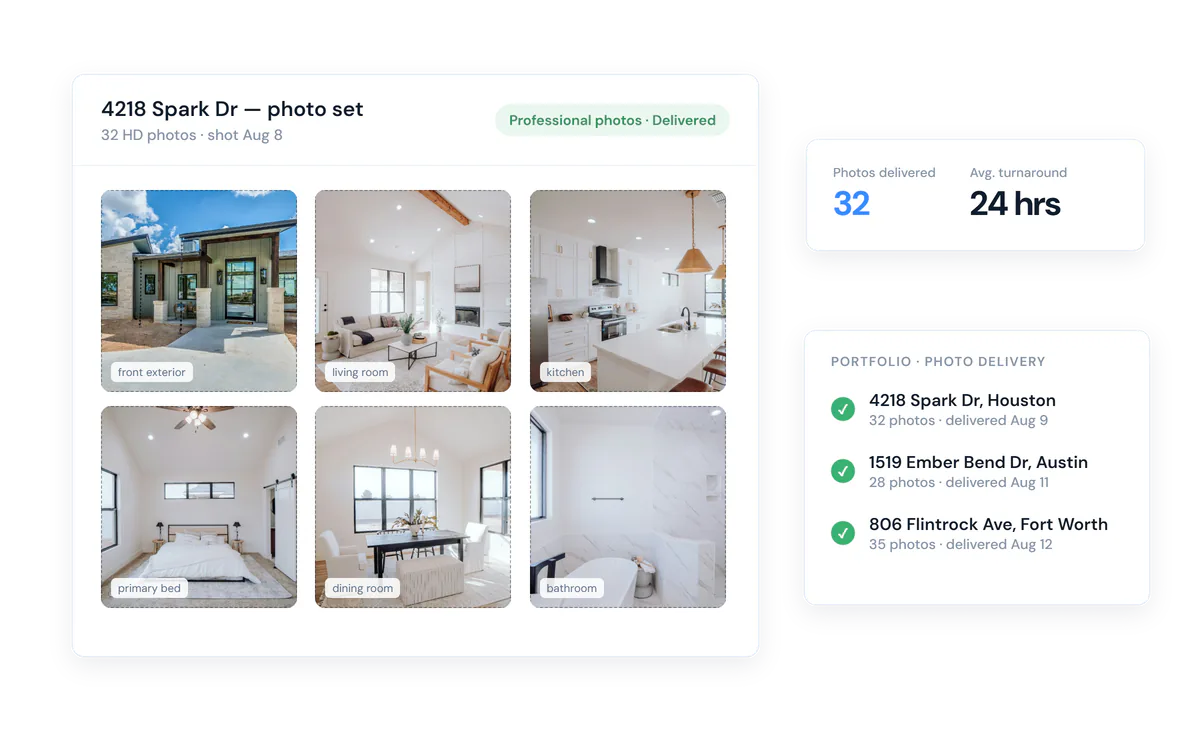 App mockup: a delivered HD photo set for a listing beside a portfolio photo-delivery checklist and turnaround stats