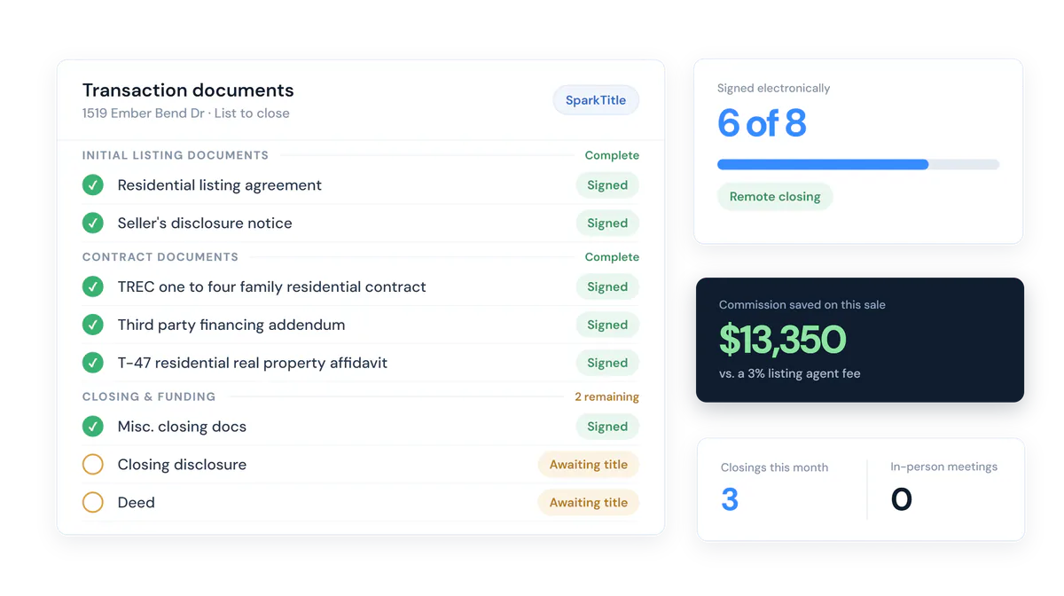 App mockup: closing documents grouped and signed digitally with zero in-person meetings