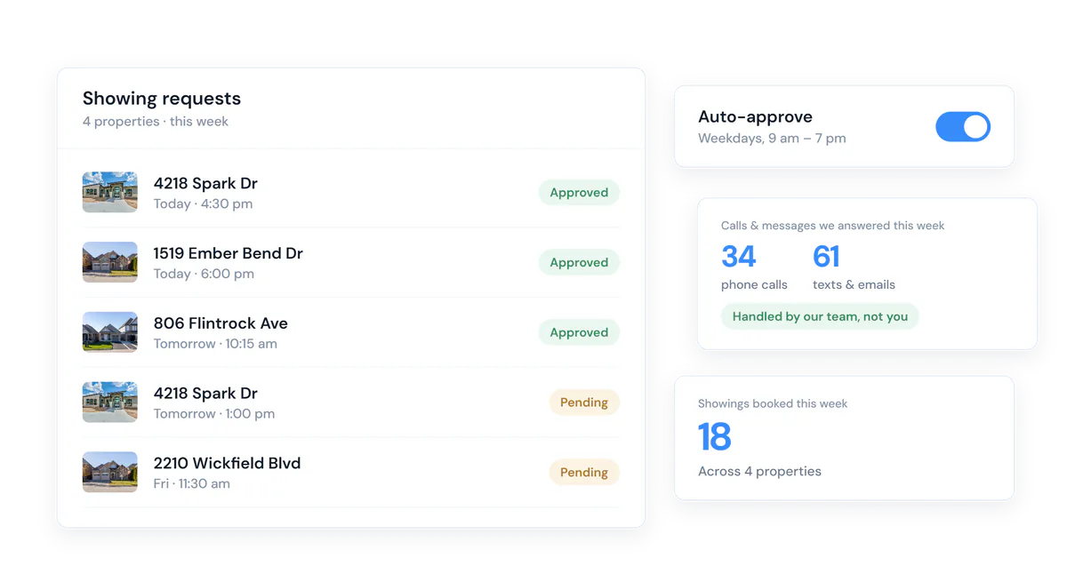 App mockup: showing requests scheduled and tracked automatically in the showing manager