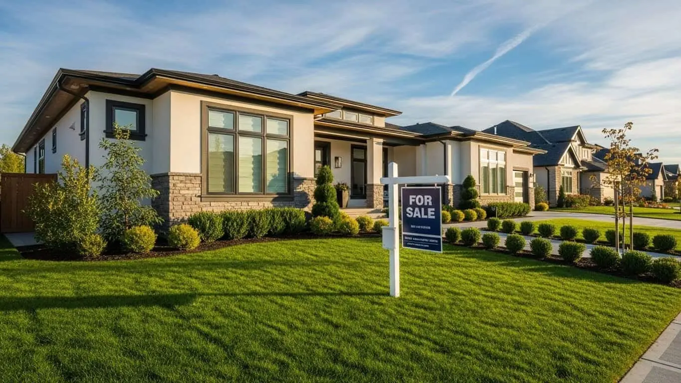 A modern single-story home with a For Sale sign on its landscaped front lawn